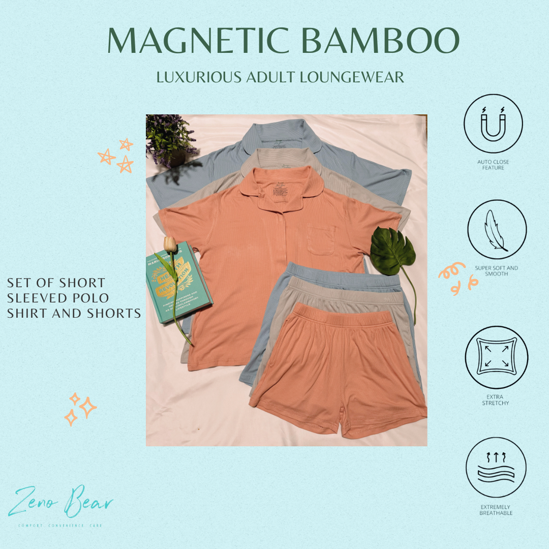 Zeno Bear Ribbed Magnetic Bamboo Luxurious Loungewear- Set of Short Sleeved Top and Shorts Sleepwear for Women