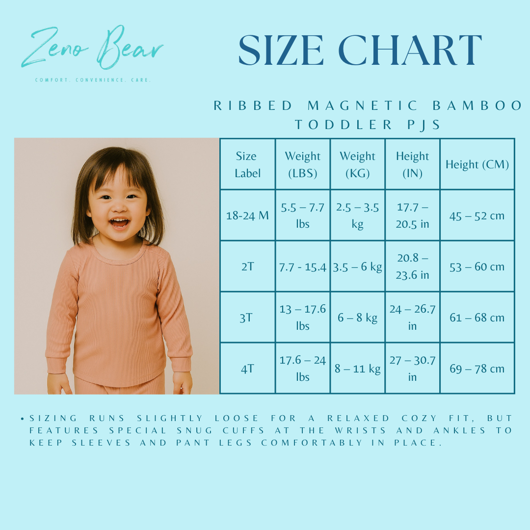 Zeno Bear Ribbed Magnetic Bamboo Toddler Pajamas- Set of Long Sleeved Top and Pants Sleepwear for Toddlers