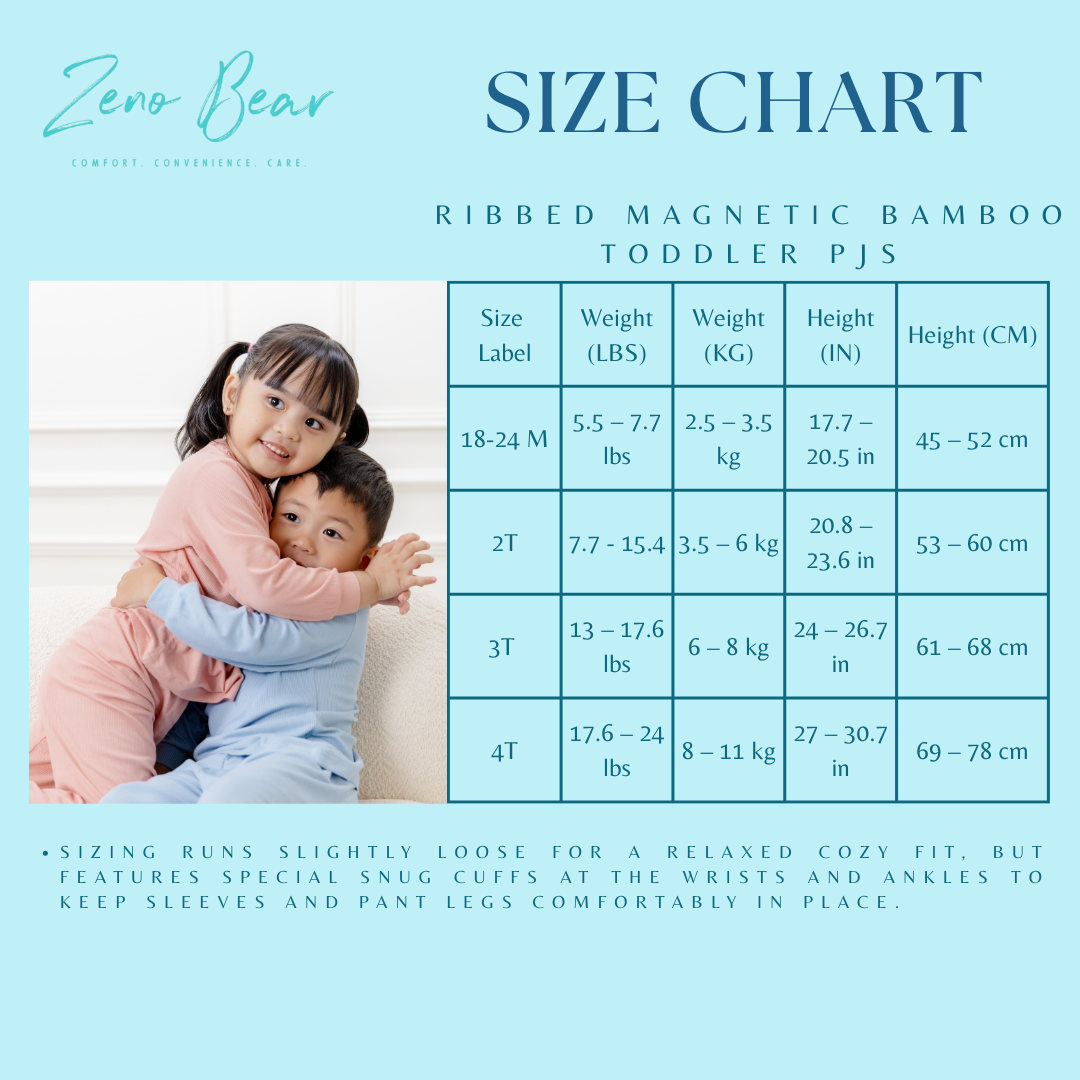Zeno Bear Ribbed Magnetic Bamboo Toddler Pajamas- Set of Long Sleeved Top and Pants Sleepwear for Toddlers