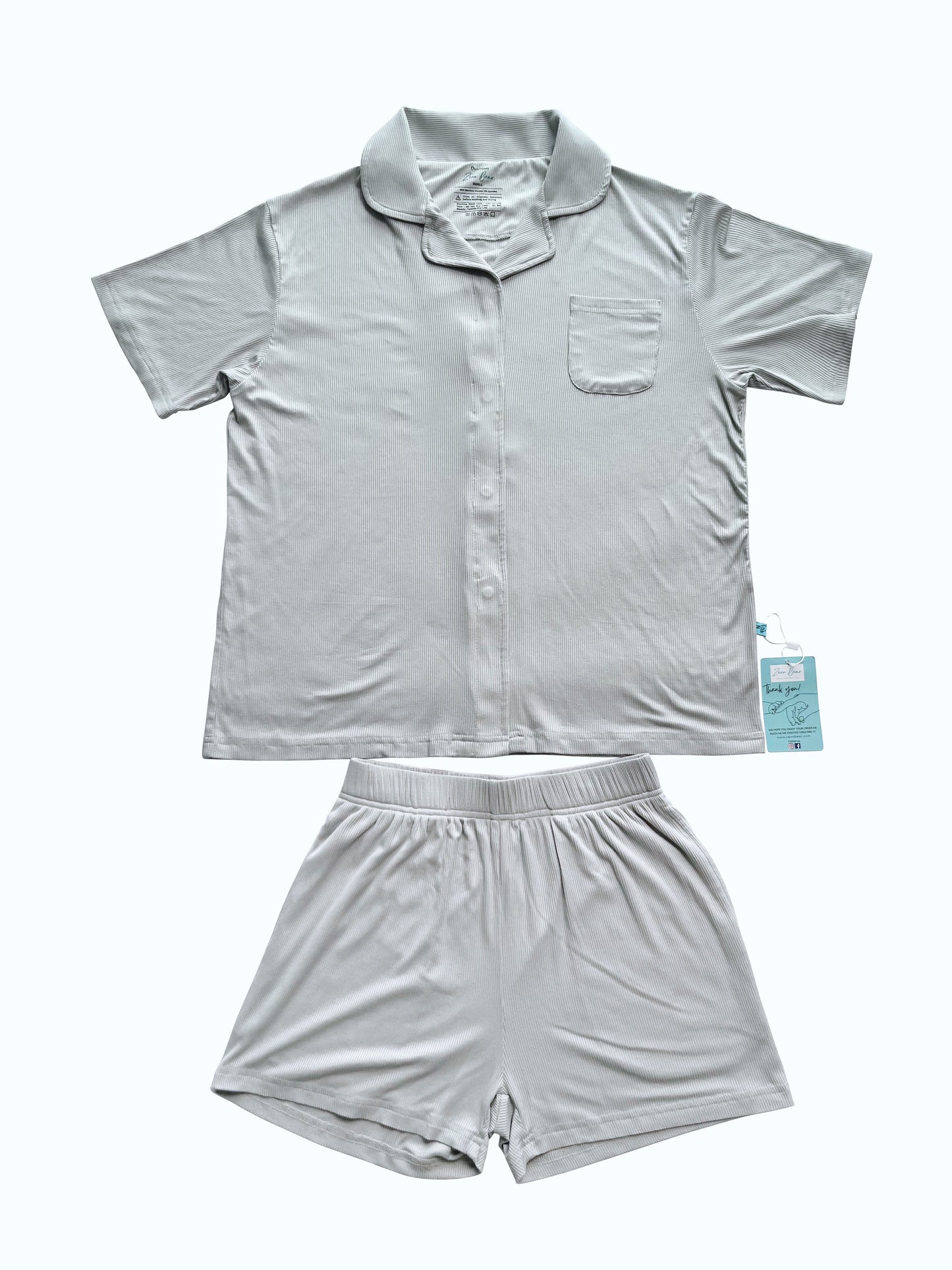 Zeno Bear Ribbed Magnetic Bamboo Luxurious Loungewear- Set of Short Sleeved Top and Shorts Sleepwear for Women